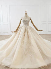 Fashion Dark Champagne Tulle Sequins Beading Wedding Dresses With Train