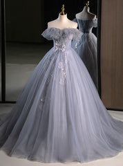 Fashion Gray Tulle Off the Shoulder Appliques Quinceanera Dresses