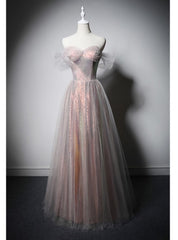 Fashion Pink Tulle Sequins Off the Shoulder Prom Dresses