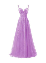 Fashion Purple Tulle Spaghetti Straps Appliques Prom Dresses