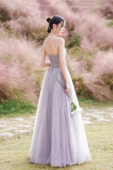 Purple tulle beads long prom Dresses A line evening Dresses