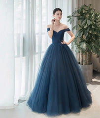 Elegant Tulle Long A-Line Prom Dresses, Blue Off the Shoulder Evening Party Dresses