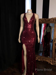 Long Mermaid Burgundy Sequin Prom Dresses Glitter Split Evening Gown