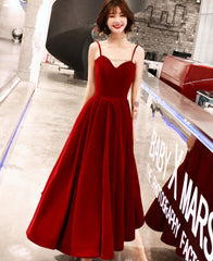 Burgundy velvet tea length prom Dresses party Dresses