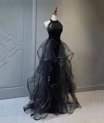 Black Halter Shiny Tulle Long Prom Dress, Black Tulle Evening Dress with Sequins