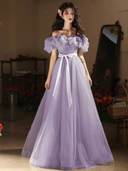 Purple Tulle Floor Length Prom Dress, Off the Shoulder Evening Party Dress