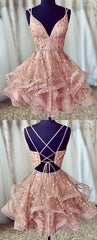 pink sleeveless v-neck spaghetti-straps sequins applique beaded homecoming Dresses