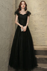 Black tulle beaded long prom Dresses evening Dresses