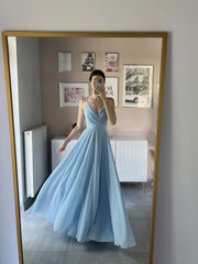 Blue V-Neck Chiffon Strapless Floor Length Prom Dresses