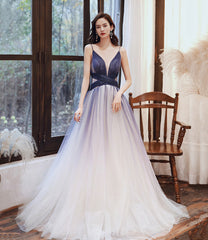 Stylish v neck tulle long A line prom Dresses blue evening Dresses