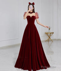 Cute velvet long prom dress burgundy A line evening dress