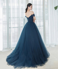 Elegant Tulle Long A-Line Prom Dresses, Blue Off the Shoulder Evening Party Dresses