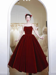 Burgundy Velvet Tea Length Prom Dresses with with Pearls