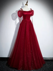 Burgundy Satin Tulle Floor Length Prom Party Dresses