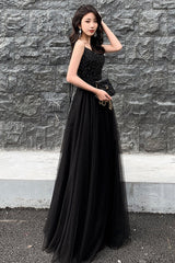 Black tulle beads long prom Dresses A line evening Dresses