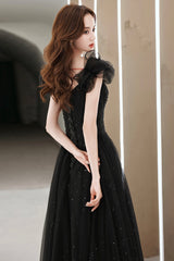 Black tulle beaded long prom Dresses evening Dresses