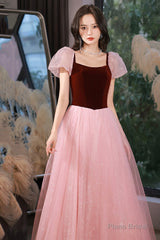 Pink tulle long A-line prom dress pink evening dress