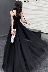 Black tulle beads long prom Dresses A line evening Dresses