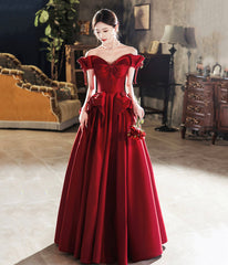 Burgundy Satin Long Prom Dresses, Cute A-Line Off Shoulder Evening Dresses