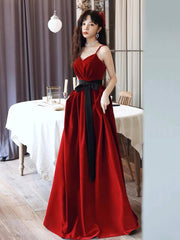 Burgundy Spaghetti Strap Velvet Long A-Line Prom Dress