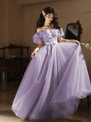 Purple Tulle Floor Length Prom Dress, Off the Shoulder Evening Party Dress