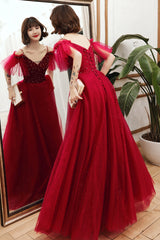 Burgundy tulle beads long A line prom Dresses evening Dresses