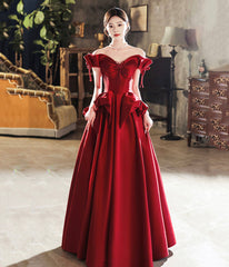 Burgundy Satin Long Prom Dresses, Cute A-Line Off Shoulder Evening Dresses