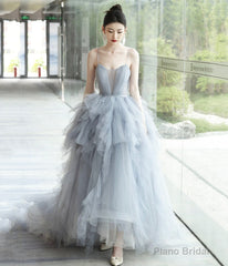 Gray Tulle Spaghetti Strap Long Prom Dress, Gray V-Neck Evening Dress