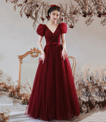 Burgundy tulle beads long prom dress A line evening dress