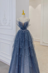 Blue Tulle Beads Long Ball Gown Dresses Blue Formal Dresses