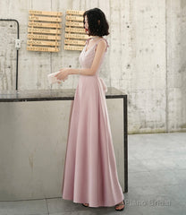 Pink V-neck long prom dress A-line evening dress