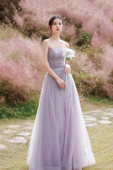 Purple tulle beads long prom Dresses A line evening Dresses