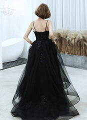 Black v neck tulle beads long prom Dresses evening Dresses