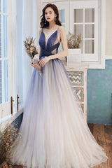 Stylish v neck tulle long A line prom Dresses blue evening Dresses