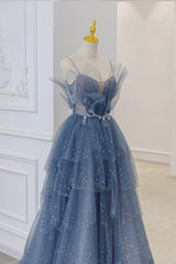 Blue Tulle Beads Long Ball Gown Dresses Blue Formal Dresses