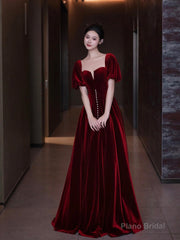 Burgundy Velvet Long A-Line Prom Dress