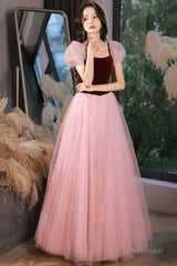 Pink tulle long A-line prom dress pink evening dress