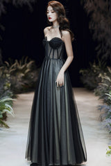 Black tulle long prom dress A line eveing dress