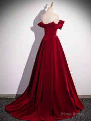 Burgundy Velvet Long Prom Dress, Off the Shoulder Evening Party Dress