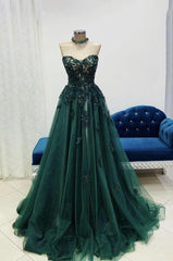 A Line Sweetheart Green Lace Long Prom Dresses