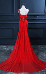 Trumpet Mermaid One Shoulder Chiffon Appliques Lace Beading Red Long Prom Dress