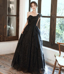 Black tulle sequins long prom Dresses A line evening Dresses