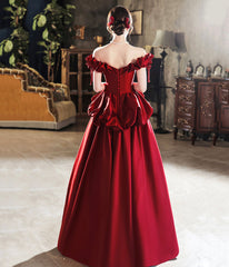 Burgundy Satin Long Prom Dresses, Cute A-Line Off Shoulder Evening Dresses