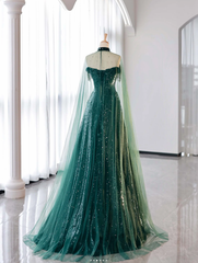 New A-Line Dark Green Prom Dresses, Off-The-Shoulder Prom Dresses With Cape, Sweeping Tail Prom Dresses