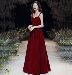 Red velvet long prom Dresses Simple evening gown