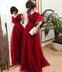 Burgundy tulle beads long A line prom Dresses evening Dresses