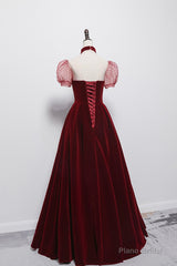 Cute velvet long prom dress burgundy A line evening dress