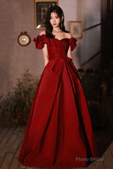 Burgundy satin long prom dress A line evening dress