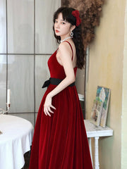 Burgundy Spaghetti Strap Velvet Long A-Line Prom Dress