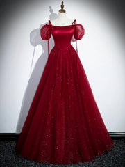 Burgundy Satin Tulle Floor Length Prom Party Dresses